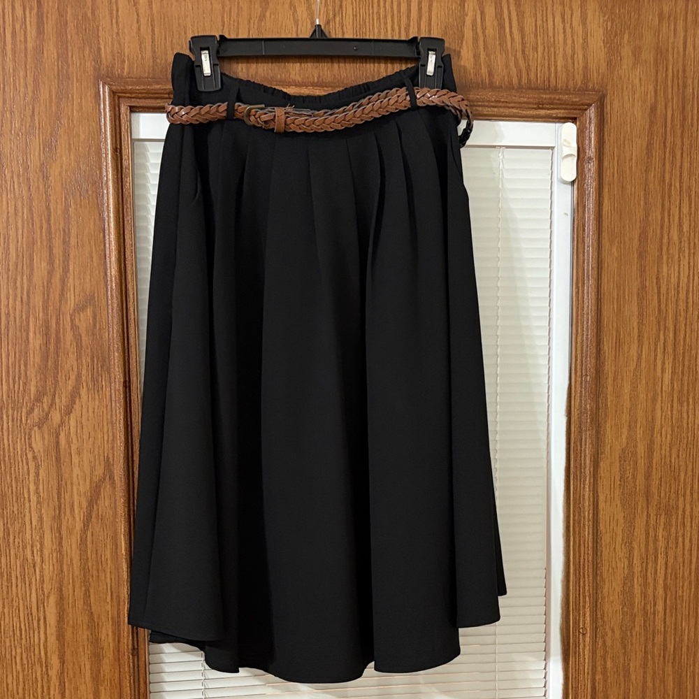 Modcloth Black Midi Skirt with Brown Braided Belt - Picture 2 of 8